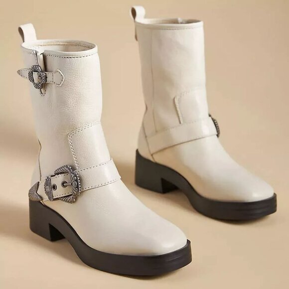 Larroude Hardy Buckle Moto Western Boots Size 8 Natural White Leather NEW $450 - Picture 3 of 16